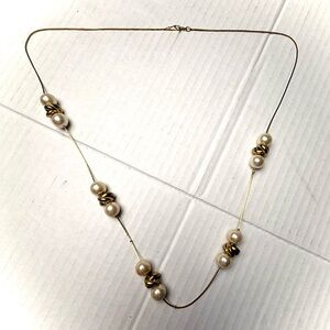 Vintage Gold Tone & Faux Pearl Necklace Thin Chain Beads 28” Long Classic 80s‎
